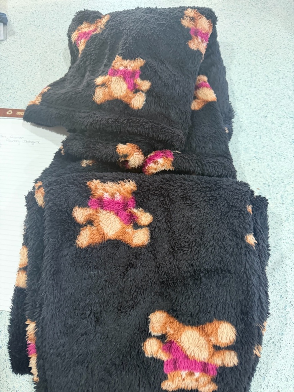 Black Plush pajamas with Tan & Pink Teddy Motifs